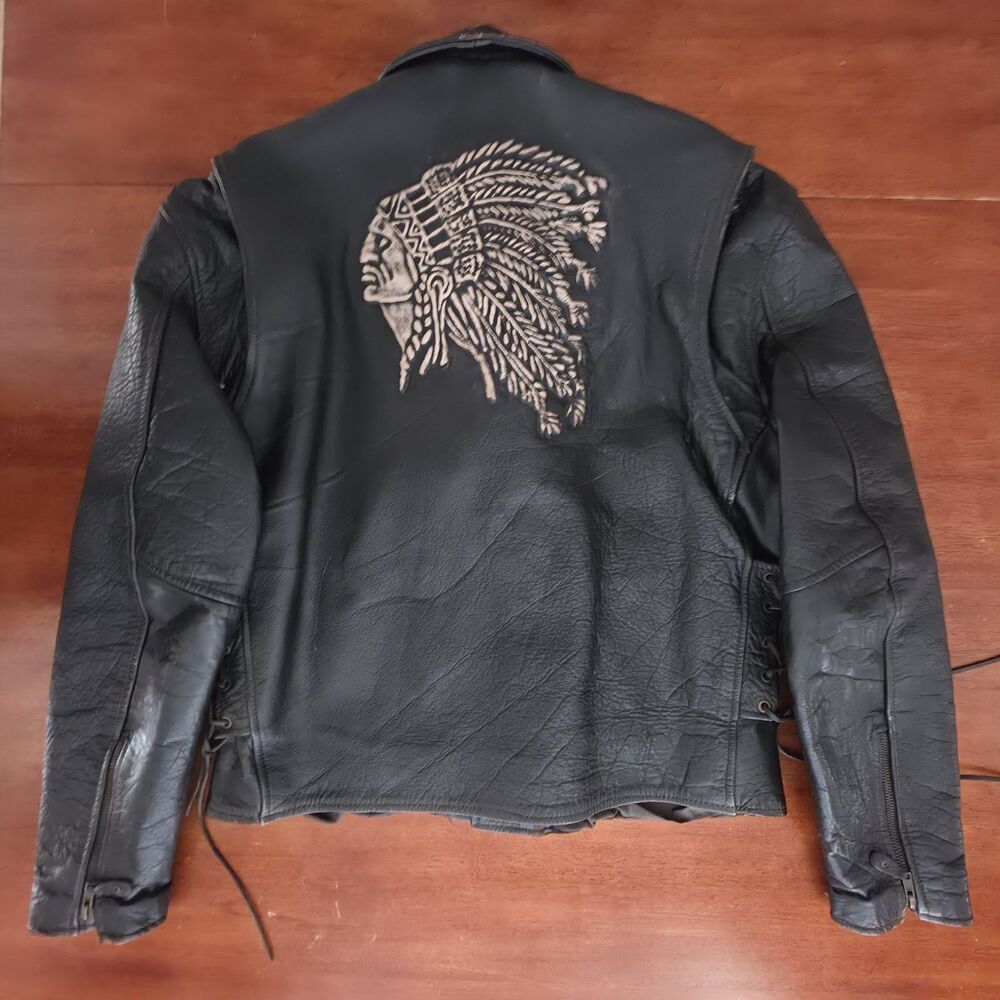 Men's XL Black Leather Motorcycle Jacket With Embossed Chief Belted Zippers
